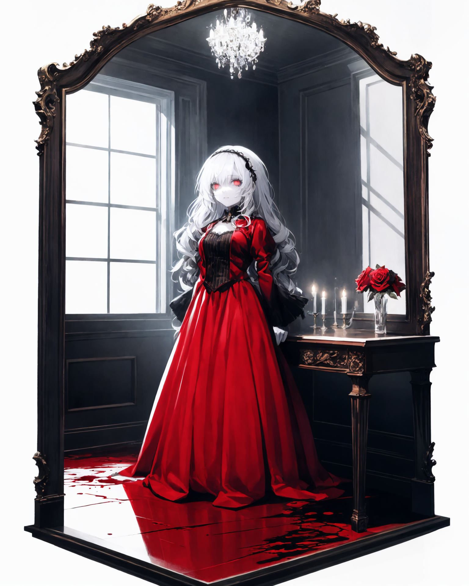 10215-3917107396-(white background_1.5), 1 girl, mid shot, full body,_ _1girl, solo, oil painting, red dress, long wavy black hair, crimson hair.png